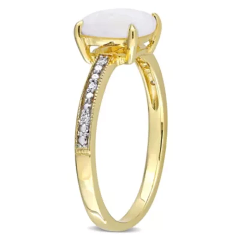 Opal and Diamond Accent Milgrain Solitaire Engagement Ring 10K Yellow Gold