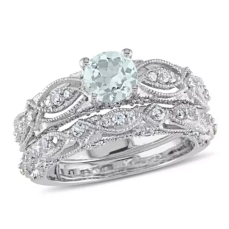 Lab Created Aquamarine and White Sapphire with 1/10 ct. t.w. Diamond Bridal Ring Set 10K Gold