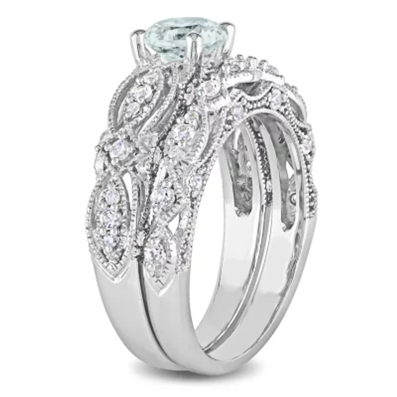 Lab Created Aquamarine and White Sapphire with 1/10 ct. t.w. Diamond Bridal Ring Set 10K Gold