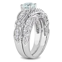 Lab Created Aquamarine and White Sapphire with 1/10 ct. t.w. Diamond Bridal Ring Set 10K Gold