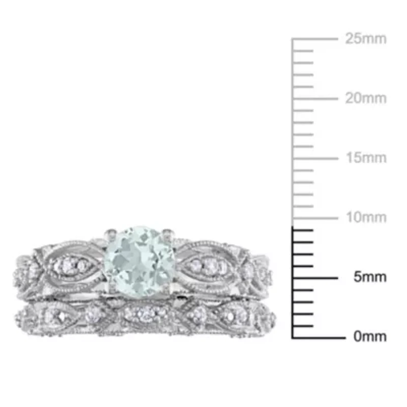 Lab Created Aquamarine and White Sapphire with 1/10 ct. t.w. Diamond Bridal Ring Set 10K Gold