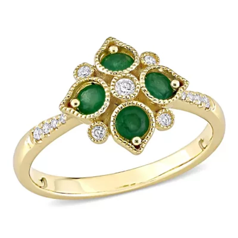 Emerald and 1/10 ct. t.w. Diamond Geometric Engagement Ring 14K Yellow Gold