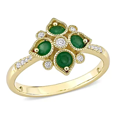 Emerald and 1/10 ct. t.w. Diamond Geometric Engagement Ring 14K Yellow Gold