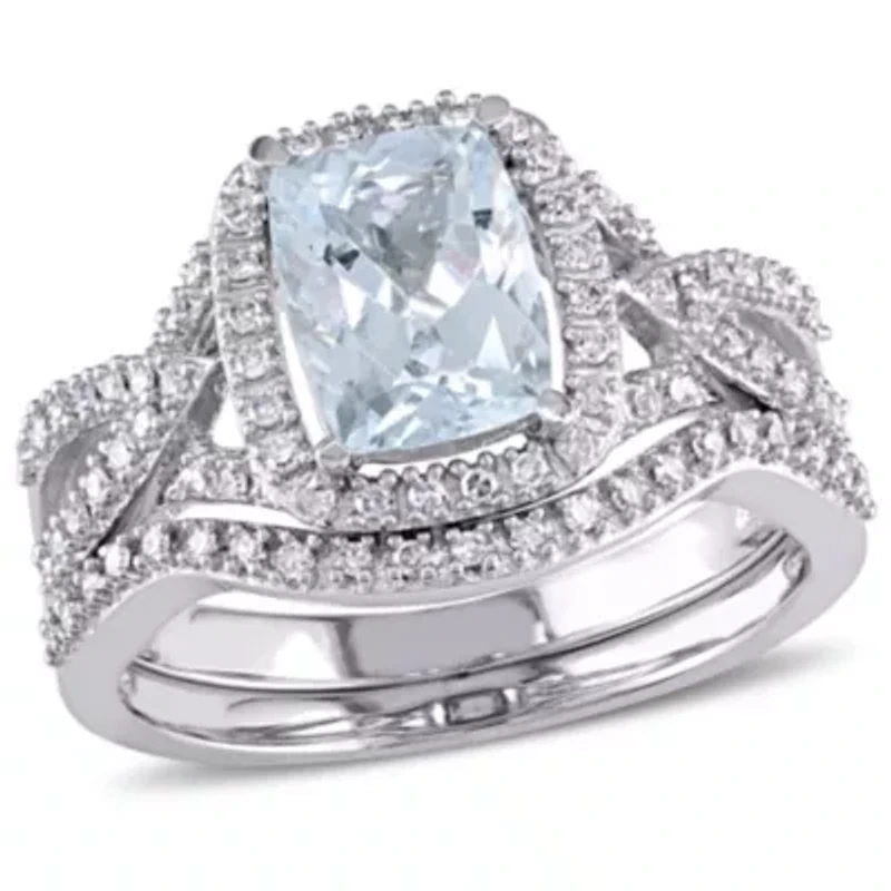 Aquamarine and 1/4 ct. t.w. Diamond Halo Bridal Ring Set 10K White Gold