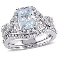 Aquamarine and 1/4 ct. t.w. Diamond Halo Bridal Ring Set 10K White Gold