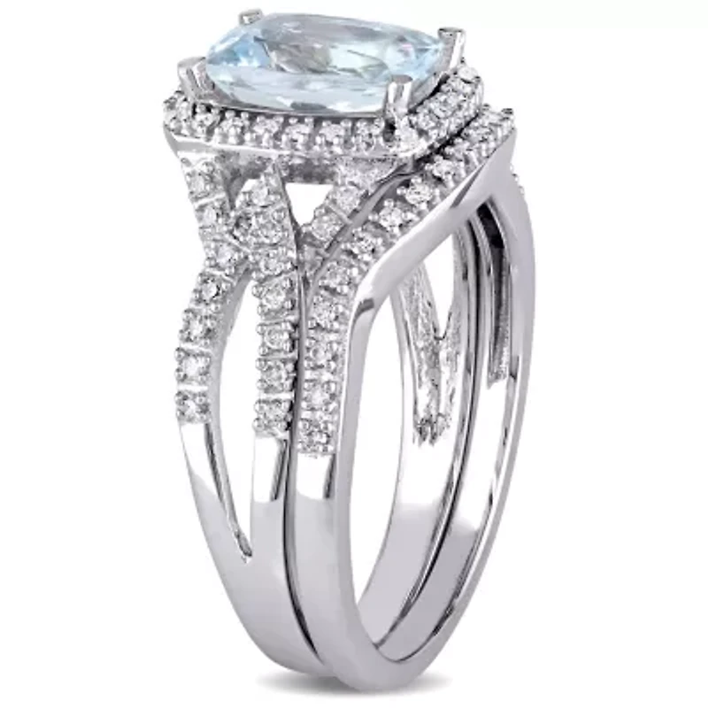 Aquamarine and 1/4 ct. t.w. Diamond Halo Bridal Ring Set 10K White Gold