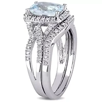 Aquamarine and 1/4 ct. t.w. Diamond Halo Bridal Ring Set 10K White Gold