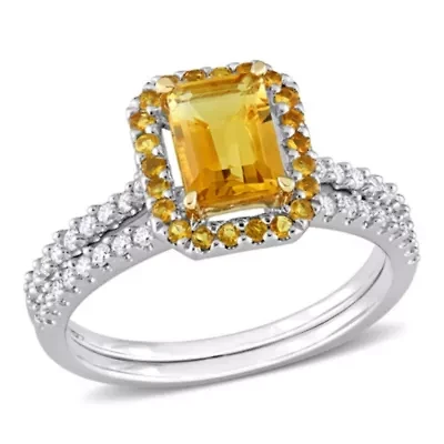 Citrine and 1/4 ct. t.w. Diamond Halo Bridal Ring Set 14K 2-Tone Gold