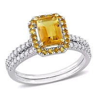 Citrine and 1/4 ct. t.w. Diamond Halo Bridal Ring Set 14K 2-Tone Gold