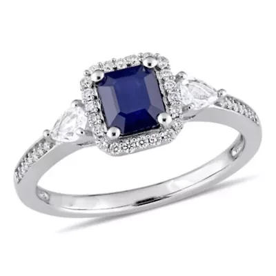 Blue and White Sapphire 1/6 ct. t.w. Diamond Halo 3-Stone Ring 14K Gold
