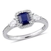 Blue and White Sapphire 1/6 ct. t.w. Diamond Halo 3-Stone Ring 14K Gold