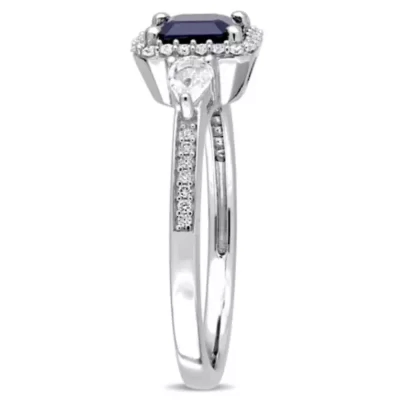 Blue and White Sapphire 1/6 ct. t.w. Diamond Halo 3-Stone Ring 14K Gold