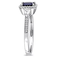 Blue and White Sapphire 1/6 ct. t.w. Diamond Halo 3-Stone Ring 14K Gold