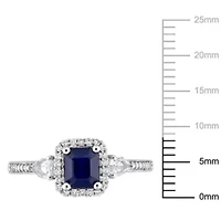 Blue and White Sapphire 1/6 ct. t.w. Diamond Halo 3-Stone Ring 14K Gold