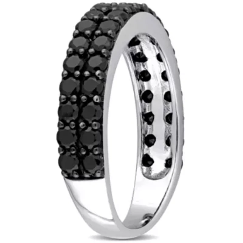 Black Spinel Double Row Ring Sterling Silver with Rhodium Plated