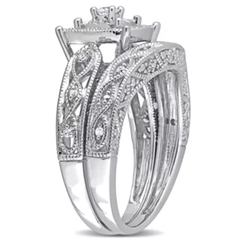 1/5 ct. t.w. Diamond Filigree Bridal Ring Set Sterling Silver