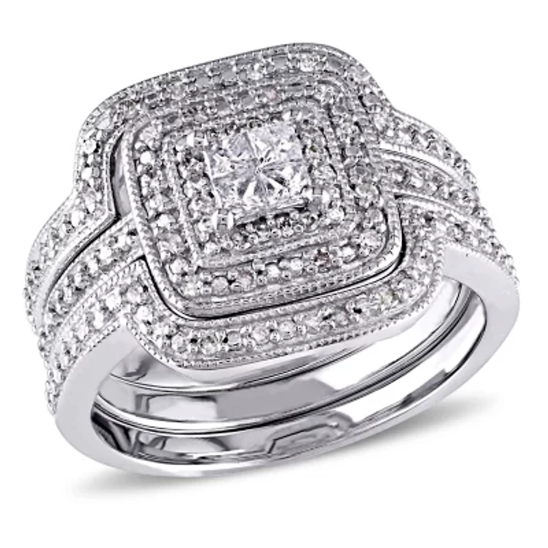 3/8 ct. t.w. Diamond Quad Halo Bridal Ring Set Sterling Silver