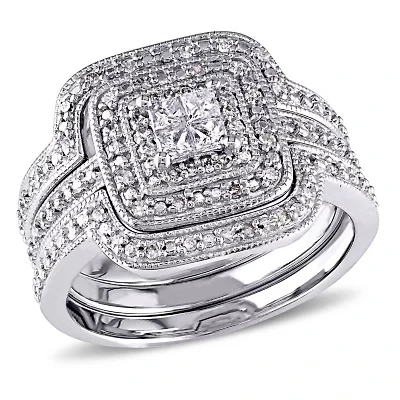 3/8 ct. t.w. Diamond Quad Halo Bridal Ring Set Sterling Silver