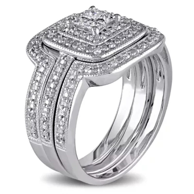 3/8 ct. t.w. Diamond Quad Halo Bridal Ring Set Sterling Silver