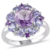 Amethyst and Tanzanite Floral Cluster Ring Sterling Silver