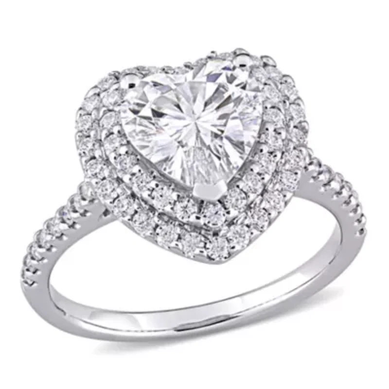 Lab Created Moissanite Double Heart Halo Engagement Ring 10K White Gold