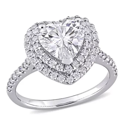 Lab Created Moissanite Double Heart Halo Engagement Ring 10K White Gold