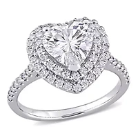 Lab Created Moissanite Double Heart Halo Engagement Ring 10K White Gold