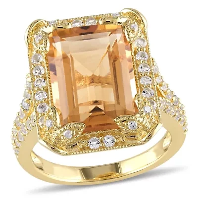 Citrine, White Topaz and Diamond Halo Leaf Split Shank Ring Yellow Plated Sterling Silver