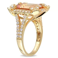 Citrine, White Topaz and Diamond Halo Leaf Split Shank Ring Yellow Plated Sterling Silver