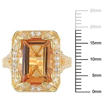 Citrine, White Topaz and Diamond Halo Leaf Split Shank Ring Yellow Plated Sterling Silver