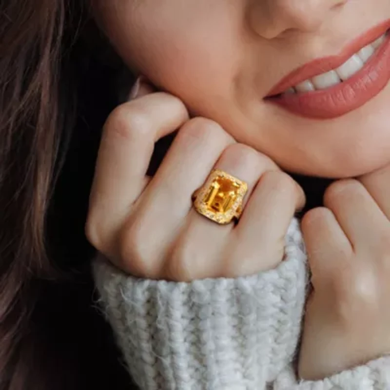 Citrine, White Topaz and Diamond Halo Leaf Split Shank Ring Yellow Plated Sterling Silver