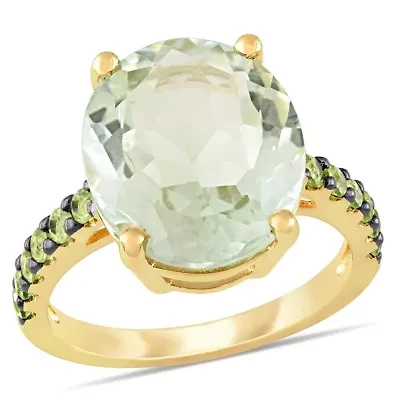 Green Quartz and Peridot Cocktail Ring Yellow Sterling Silver with Black Rhodium Plated