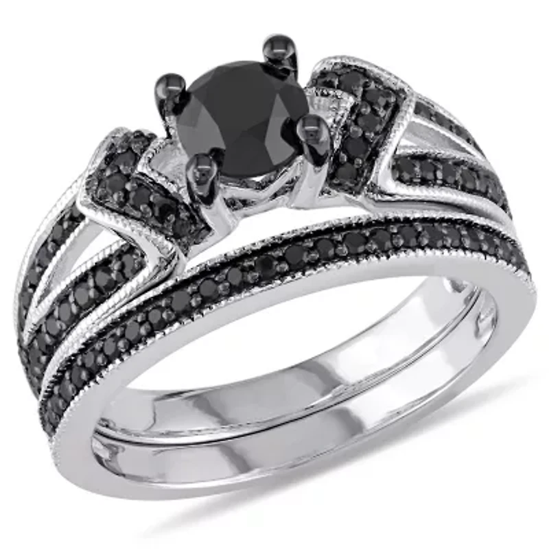 1.12 ct. t.w. Black Diamond Split Shank Bridal Ring Set Sterling Silver with Rhodium Plated
