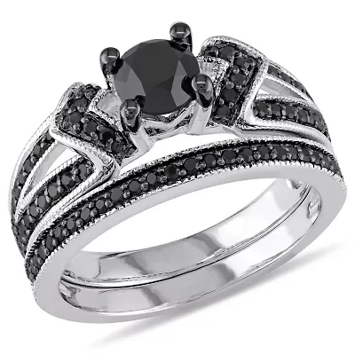 1.12 ct. t.w. Black Diamond Split Shank Bridal Ring Set Sterling Silver with Rhodium Plated
