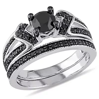1.12 ct. t.w. Black Diamond Split Shank Bridal Ring Set Sterling Silver with Rhodium Plated