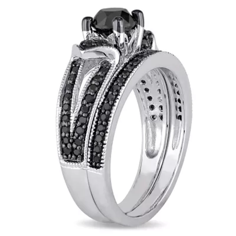 1.12 ct. t.w. Black Diamond Split Shank Bridal Ring Set Sterling Silver with Rhodium Plated