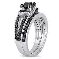 1.12 ct. t.w. Black Diamond Split Shank Bridal Ring Set Sterling Silver with Rhodium Plated