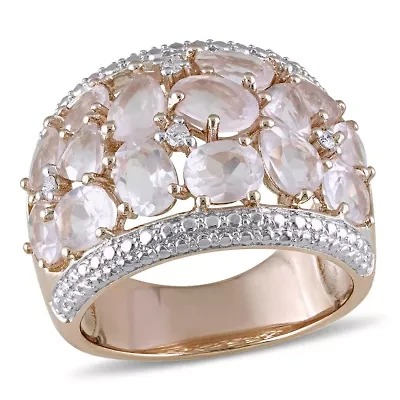 Rose Quartz and Diamond Accent Floral Ring Plated Sterling Silver