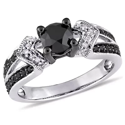 1 ct. t.w. Black and White Diamond Split Shank Engagement Ring Sterling Silver with Rhodium