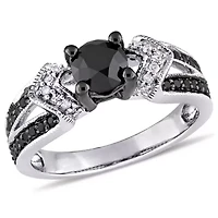 1 ct. t.w. Black and White Diamond Split Shank Engagement Ring Sterling Silver with Rhodium