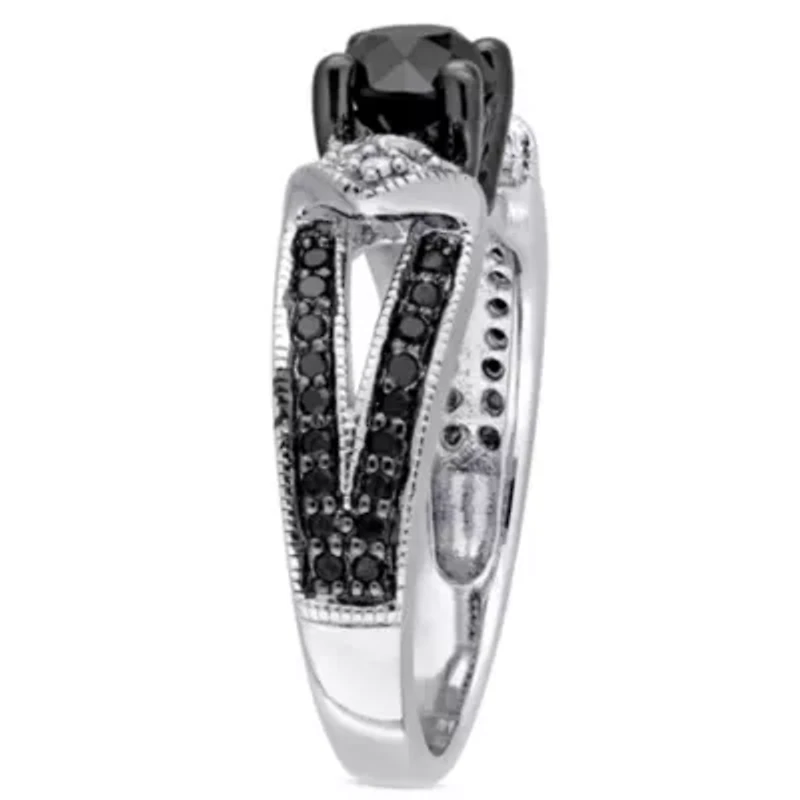 1 ct. t.w. Black and White Diamond Split Shank Engagement Ring Sterling Silver with Rhodium