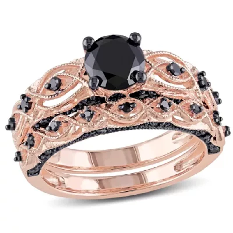 1.39 ct. t.w. Black Diamond Bridal Ring Set 10K Rose Gold with Rhodium Plated
