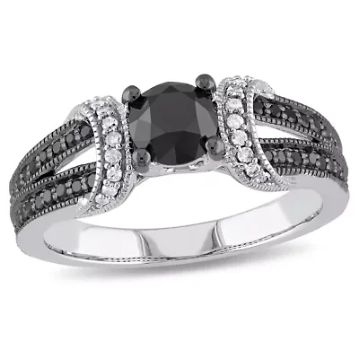 1 ct. t.w. Black and White Diamond Split Shank Vintage Engagement Ring 10K Gold