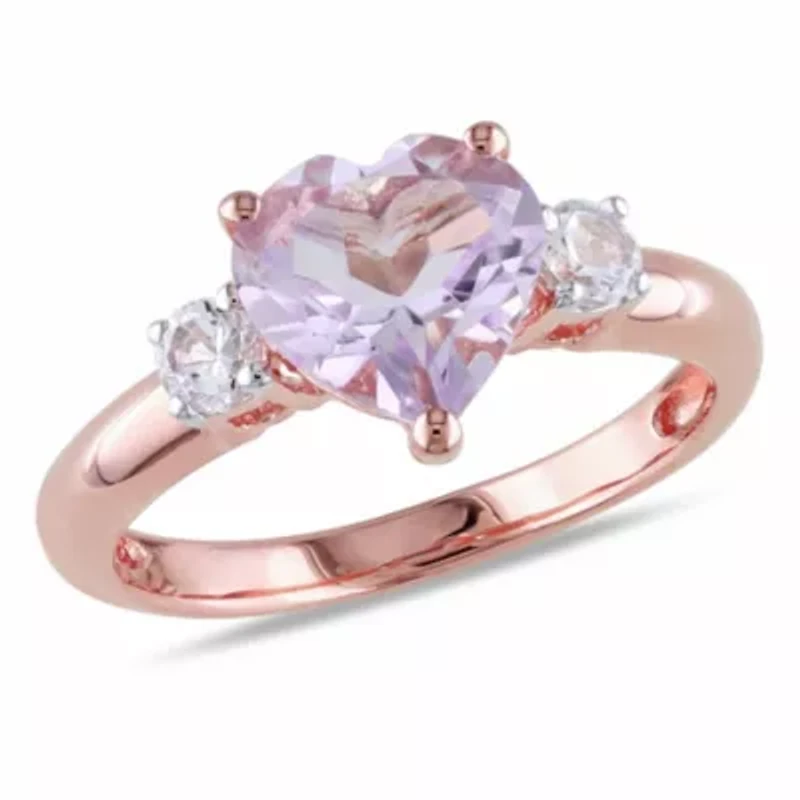 Lab Created Rose de France and White Sapphire Heart Ring Plated Sterling Silver