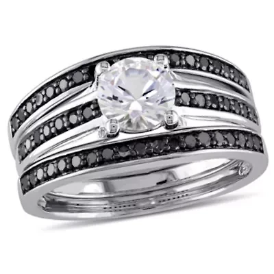 Lab Created White Sapphire and 1/2 ct. t.w. Black Diamond  Split Shank Bridal Ring Set Sterling Silver with Rhodium Plated