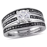 Lab Created White Sapphire and 1/2 ct. t.w. Black Diamond  Split Shank Bridal Ring Set Sterling Silver with Rhodium Plated
