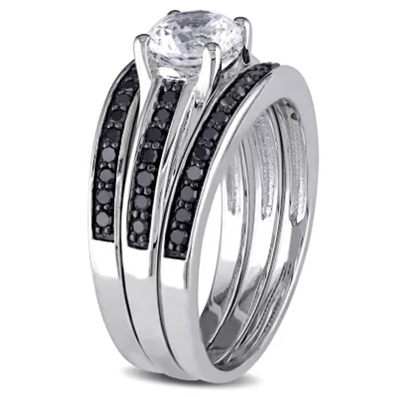 Lab Created White Sapphire and 1/2 ct. t.w. Black Diamond  Split Shank Bridal Ring Set Sterling Silver with Rhodium Plated