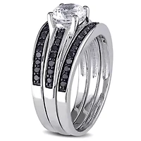 Lab Created White Sapphire and 1/2 ct. t.w. Black Diamond  Split Shank Bridal Ring Set Sterling Silver with Rhodium Plated