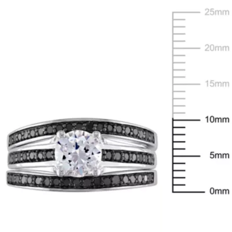 Lab Created White Sapphire and 1/2 ct. t.w. Black Diamond  Split Shank Bridal Ring Set Sterling Silver with Rhodium Plated