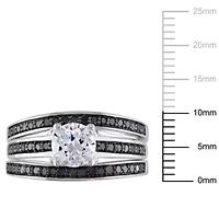 Lab Created White Sapphire and 1/2 ct. t.w. Black Diamond  Split Shank Bridal Ring Set Sterling Silver with Rhodium Plated